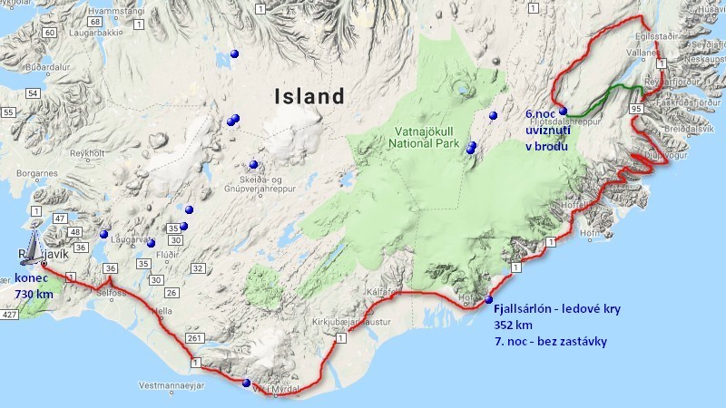 intinerar road tripu po islandu se souradnicemi na mape laguna ledovych ker jezerojokulsarlon